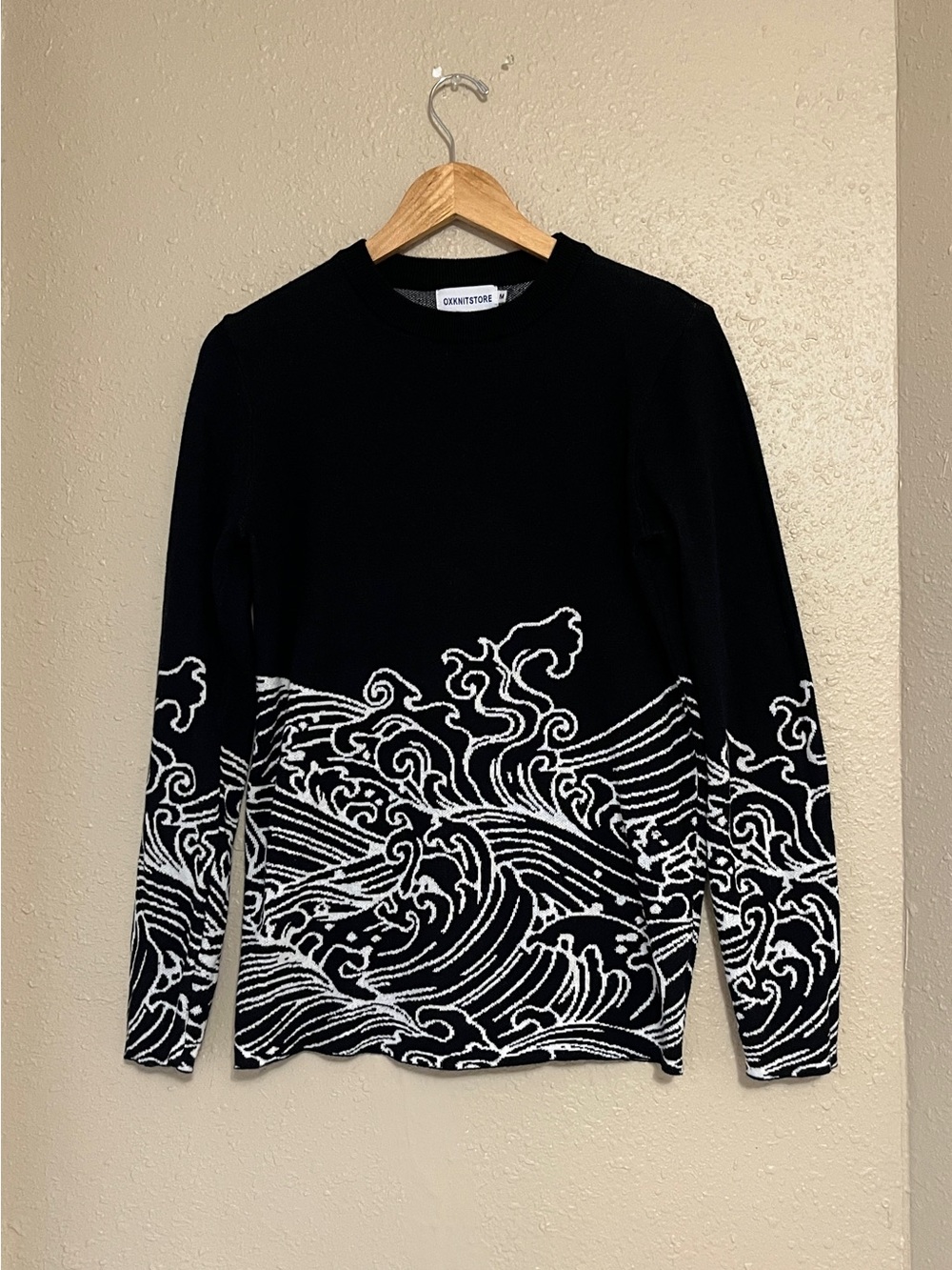 OXKNIT Black & White Retro Wave Jacquard Knit 100%Cotton Pullover Sweater Size M